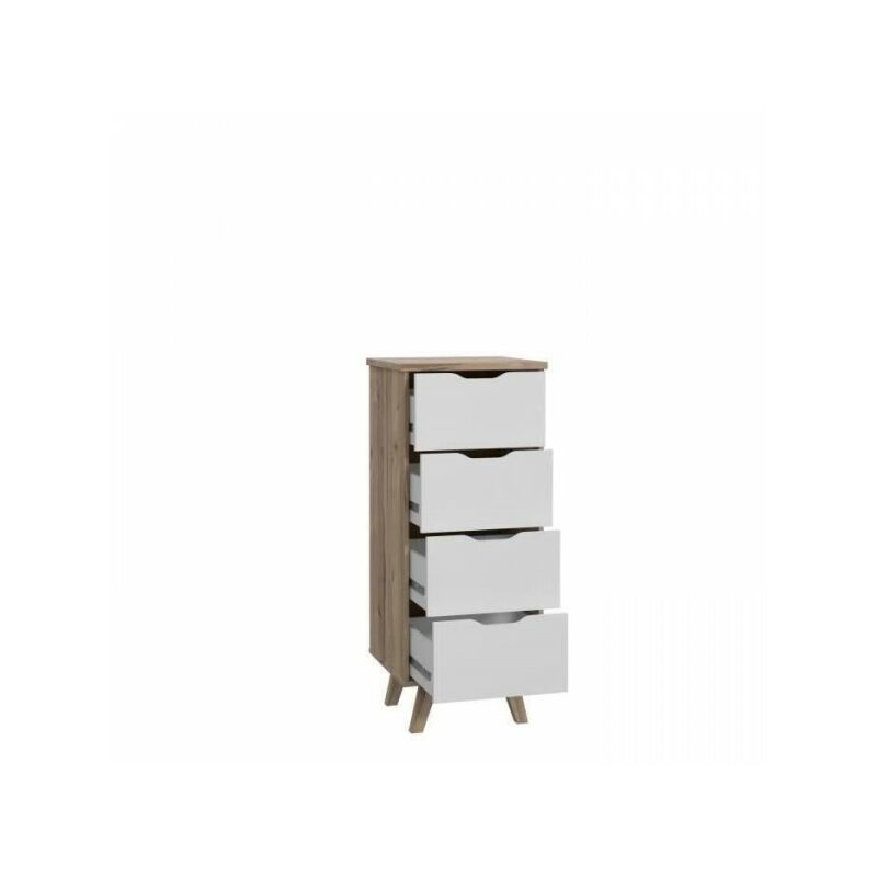 Commode - Meuble Chiffonnier 4 tiroirs - En panneaux de particules - Décor chene et blanc - Contemporain - L 45 x P 42 x H 108 cm