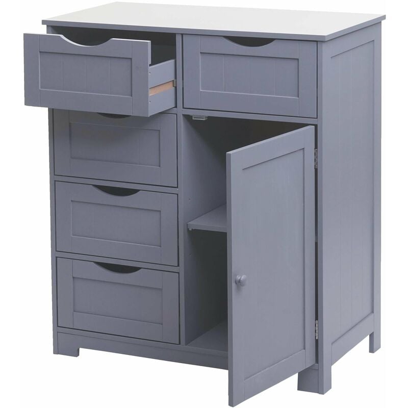 Commode meuble d'appoint 5 tiroirs et 1 porte 80x70x35cm gris 040002538