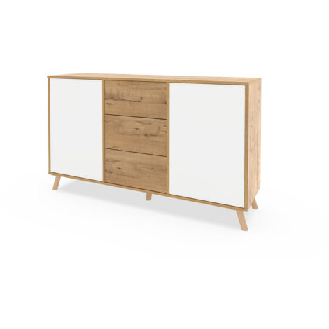 Commode meuble de rangement 2 portes et 3 tiroirs coloris Chêne doré/Blanc - Longueur 140 x Hauteur 89 x Profondeur 40 cm