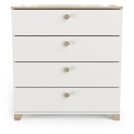 Commode meuble de rangement 4 tiroirs couleur chêne / blanc mat - Largeur 79,7 x Profondeur 41,9 x Hauteur 85,1 cm