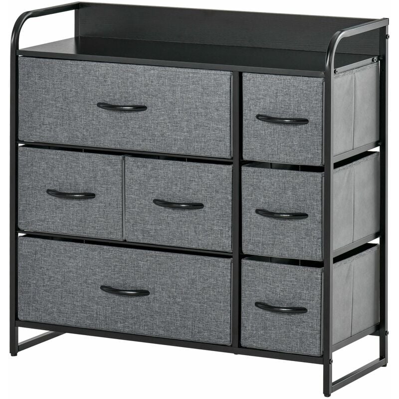 Meuble de rangement commode 7 tiroirs plateau acier mdf noir non tissé gris