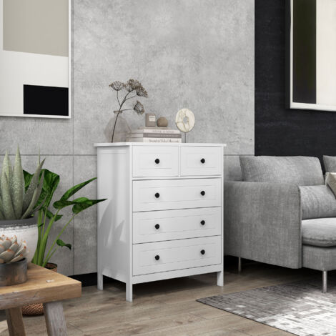 Commode meuble de rangement 5 tiroirs pour chambre. bureau. entrée. blanc et poignée métal noir