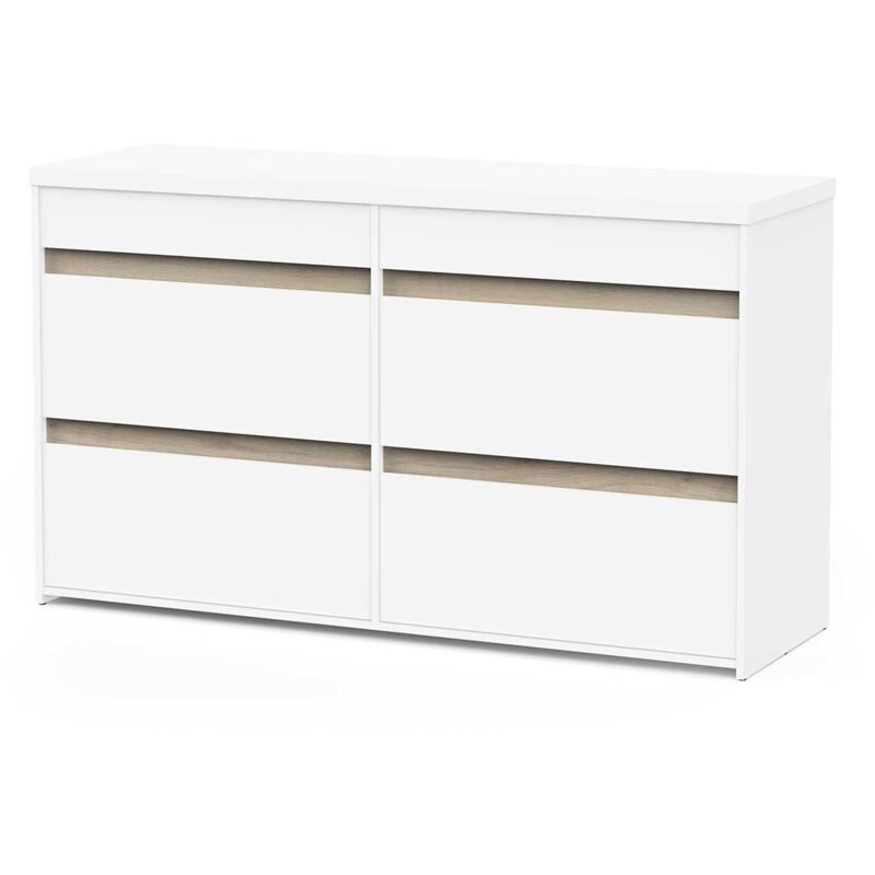 Commode meuble de rangement 6 tiroirs couleur blanc mat / ch&ecirc;ne - Largeur 154,5 x Profondeur 50 x Hauteur 89,2 cm - -