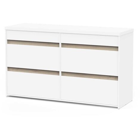 Commode meuble de rangement 6 tiroirs couleur blanc mat / chêne - Largeur 154,5 x Profondeur 50 x Hauteur 89,2 cm