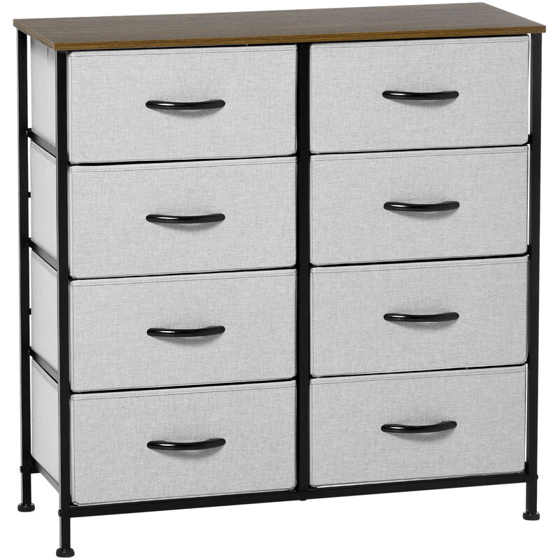 Commode meuble de rangement 8 tiroirs pliables châssis acier noir plateau aspect bois non tissé gris