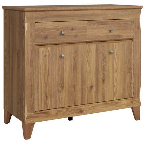 Commode meuble de rangement à 2 portes et 2 tiroirs à fermeture soft-close coloris Mélèze doré - Longueur 110 x Profondeur 47 x Hauteur 98 cm