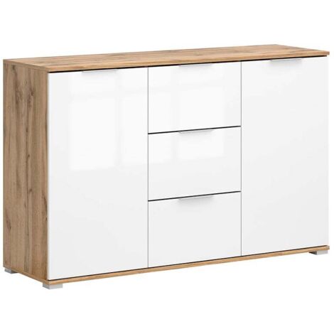 Commode meuble de rangement à 2 portes et 3 tiroirs,coloris Chêne wotan/Blanc brillant - Longueur 135 x Profondeur 41 x Hauteur 86 cm