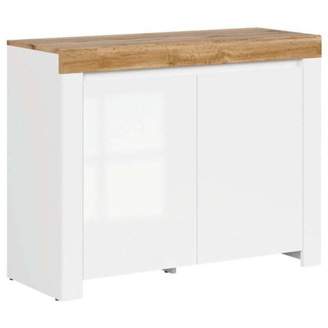 commode Meuble de rangement à 2 portes,coloris Blanc/Chêne wotan - Longueur 106 x Profondeur 42 x Hauteur 83,5 cm