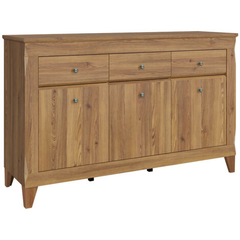 Commode meuble de rangement à 3 portes et 3 tiroirs à fermeture soft-close coloris Mélèze doré - Longueur 156 x Profondeur 47 x Hauteur 98 cm