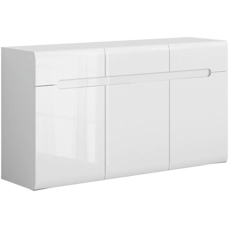 Commode meuble de rangement à 3 portes et 3 tiroirs, coloris Blanc/Blanc haute brillance - Longueur 150 x Profondeur 41 x Hauteur 84 cm