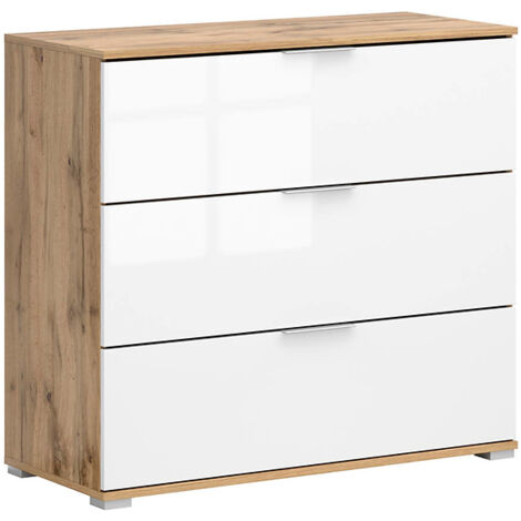Commode meuble de rangement à 3 tiroirs,coloris Chêne wotan/Blanc brillant - Longueur 95 x Profondeur 41 x Hauteur 86 cm