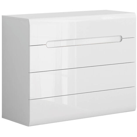 Commode meuble de rangement à 4 tiroirs, coloris Blanc/Blanc haute brillance - Longueur 105 x Profondeur 41 x Hauteur 84 cm