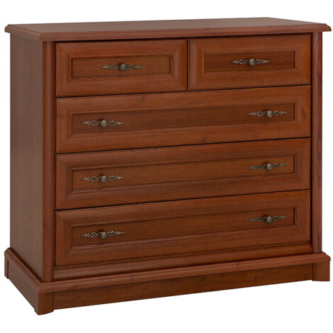 Commode meuble de rangement à 5 tiroirs, couleur châtaigne - Longueur 101 x Profondeur 45 x Hauteur 90,5 cm