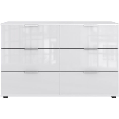 Commode, meuble de rangement à 6 tiroirs coloris blanc, verre blanc - Longueur 130 x Hauteur 83 x Profondeur 41 cm
