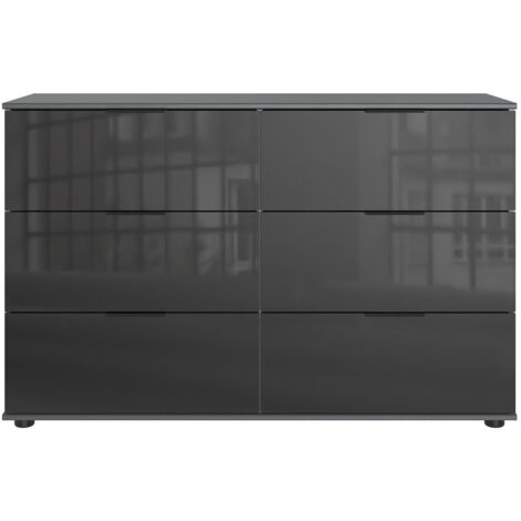 Commode, meuble de rangement à 6 tiroirs coloris graphite, verre noir - Longueur 130 x Hauteur 83 x Profondeur 41 cm