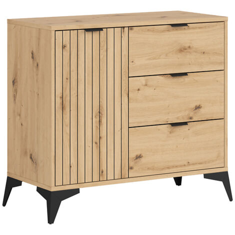 Commode meuble de rangement avec 1 porte et 3 tiroirs,coloris Chêne artisan - Longueur 90 x Profondeur 41 x Hauteur 83 cm