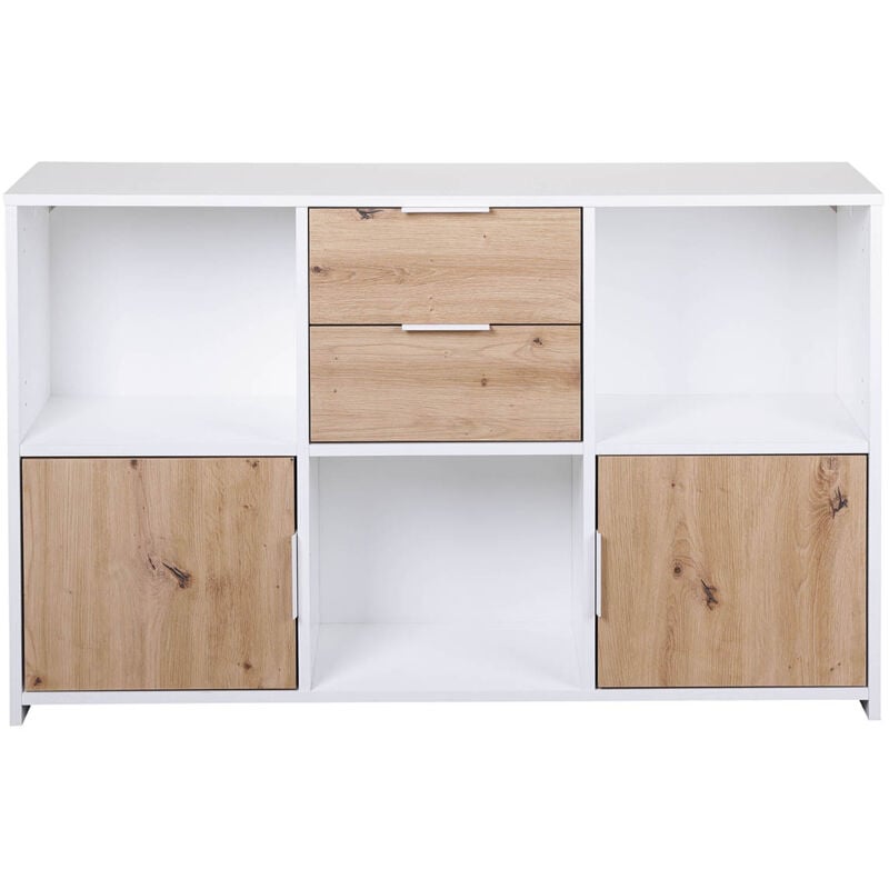 Commode, meuble de rangement avec 2 portes et 2 tiroirs coloris chêne Artisan /blanc - longueur 120 x profondeur 30 x hauteur 77 cm