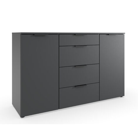 Commode, meuble de rangement avec 2 portes et 4 tiroirs coloris graphite, lamelles imitation chêne Artisan - Longueur 135 x Hauteur 84 x Profondeur 41 cm