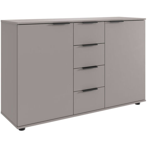 Commode, meuble de rangement avec 2 portes et 4 tiroirs coloris Gris, rechampis graphite - Longueur 130 x Hauteur 83 x Profondeur 41cm