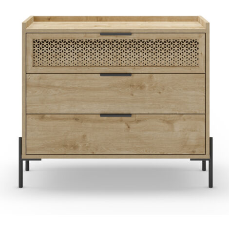 Commode, meuble de rangement avec 3 tiroirs aspect bois coloris chêne, pieds en métal noir -Longueur 90 x Profondeur 40 x Hauteur 80 cm