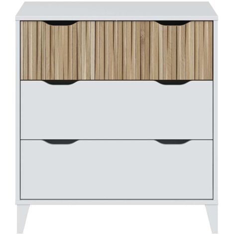 Commode meuble de rangement avec 3 tiroirs coloris Blanc/chêne - Longueur 70,5 X Profondeur 40 X Hauteur 76 cm
