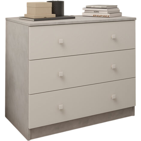 Commode, meuble de rangement avec 3 tiroirs coloris ciment, blanc - Hauteur 70 x Longueur 80 x profondeur 48 cm