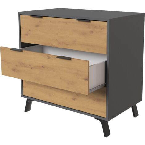Commode, meuble de rangement avec 3 tiroirs coloris gris, chêne - Hauteur 78 x Longueur 80 x profondeur 48 cm