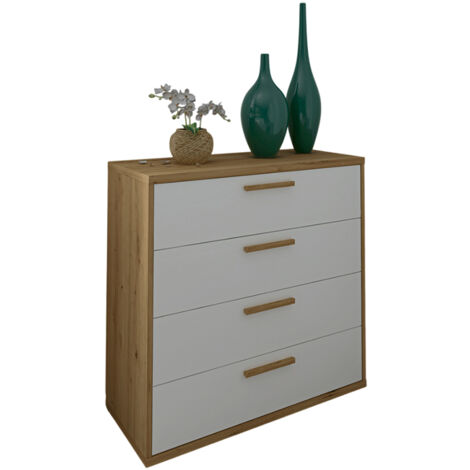 Commode, Meuble de rangement avec 4 tiroirs coloris chêne Albar, blanc - Hauteur 86 x Longueur 88 x profondeur 40 cm
