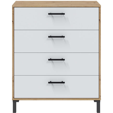 Commode, meuble de rangement avec 4 tiroirs coloris chêne nordique, blanc artic - hauteur 94 x longueur 78 x profondeur 40 cm