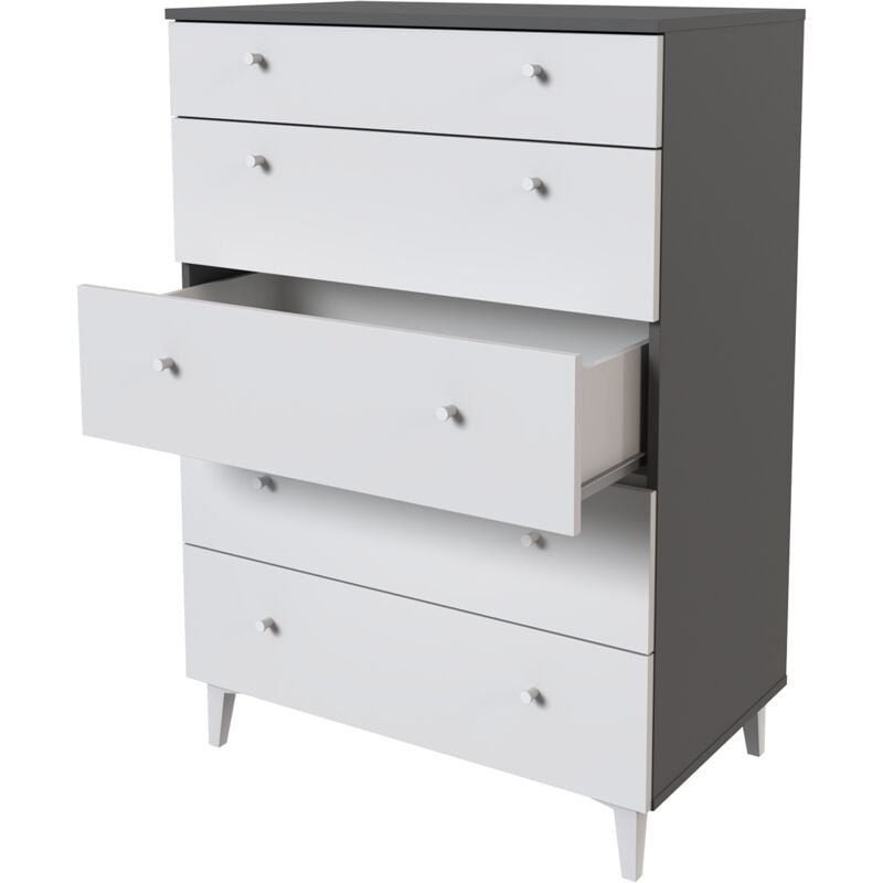 Commode, meuble de rangement avec 5 tiroirs coloris gris, blanc - Hauteur 114 x Longueur 80 x profondeur 48 cm