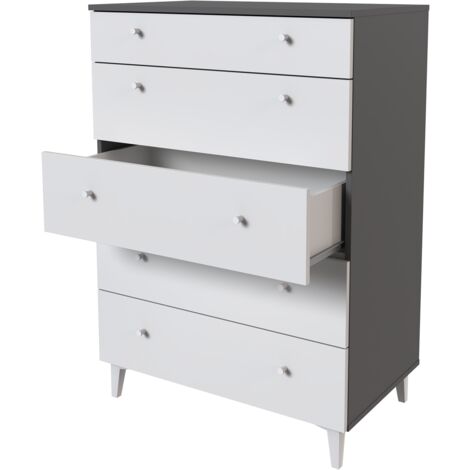 Commode, meuble de rangement avec 5 tiroirs coloris gris, blanc - Hauteur 114 x Longueur 80 x profondeur 48 cm