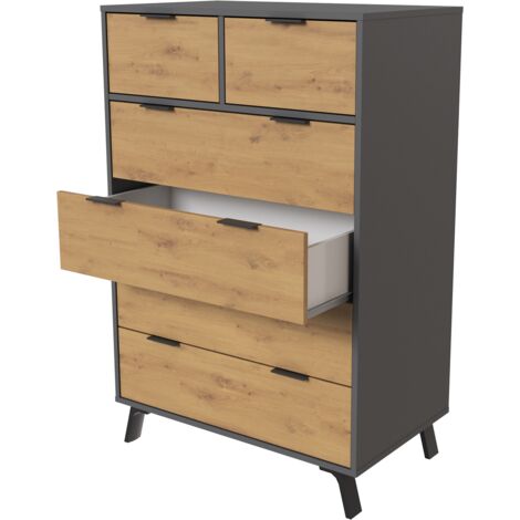 Commode, meuble de rangement avec 6 tiroirs coloris gris, chêne - Hauteur 122 x Longueur 80 x profondeur 48 cm