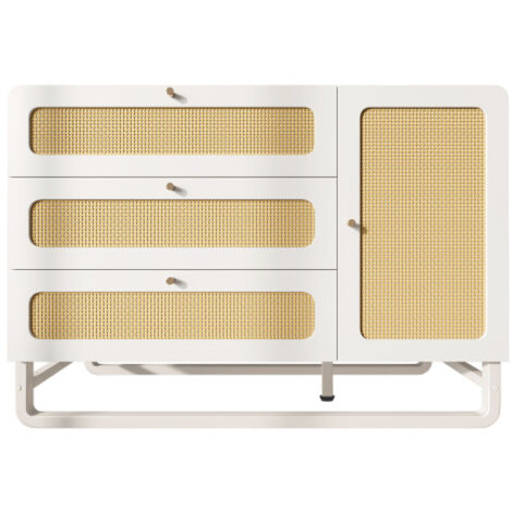Commode / Meuble de rangement avec poignées en rotin et dorées – Style Campagne, 3 tiroirs et 1 porte – Étagères réglables et dispositif anti-basculement
