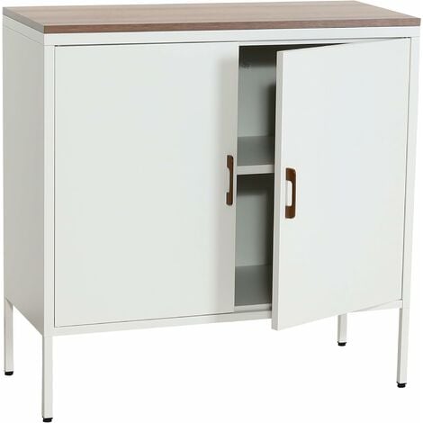 Commode meuble de rangement bureau buffet 2 portes métal 90x90x40cm mélaminé blanc plateau MDF 2 compartiments avec portes