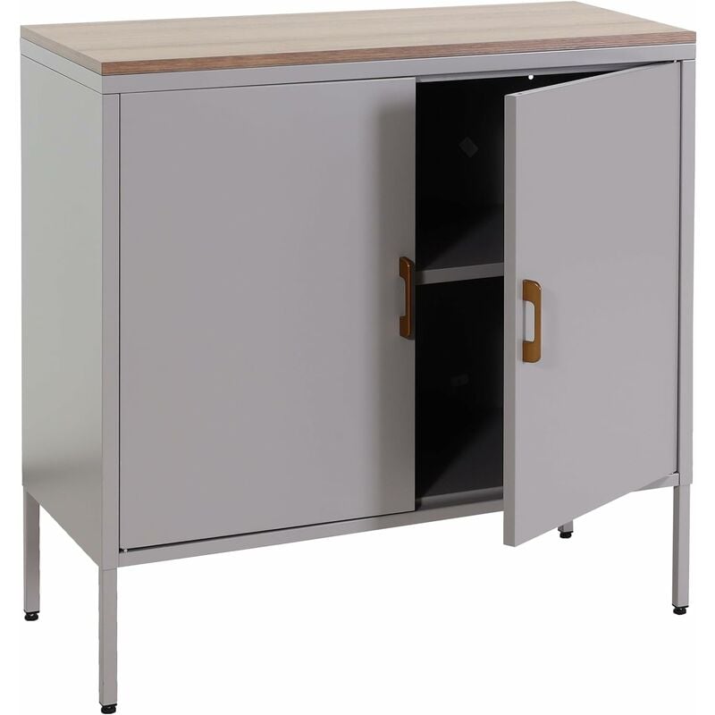 Décoshop26 - Commode meuble de rangement bureau buffet 2 portes métal 90x90x40cm mélaminé gris plateau mdf 2 compartiments avec portes