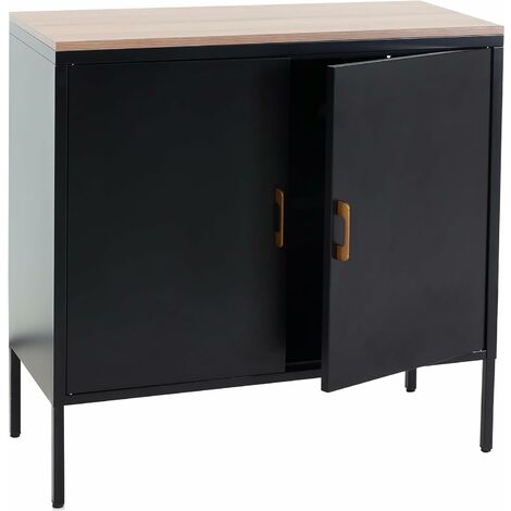 Commode meuble de rangement bureau buffet 2 portes métal 90x90x40cm mélaminé noir plateau MDF 2 compartiments avec portes