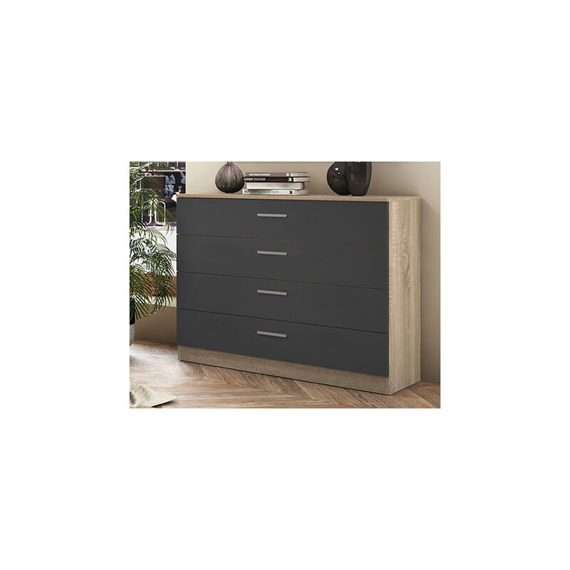 Pegane ? Commode en panneau de particule m&eacute;lamin&eacute; ch&ecirc;ne cambrian et graphite ? 4 tiroirs ? Dimensions 100 x 40 x 84 cm ? Meuble de rangement moderne