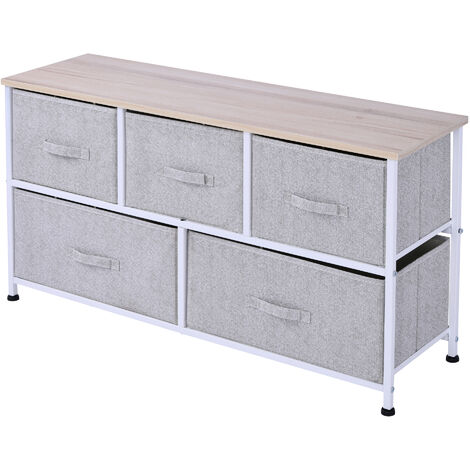 Commode meuble de rangement dim. 100L x 30l x 54H cm 5 tiroirs non-tissés gris structure métal blanc plateau MDF bois clair - Gris