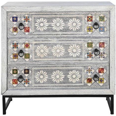 Commode, meuble de rangement en céramique, bois de manguier et métal noir - Longueur 80 x Profondeur 38 x hauteur 80 cm -PEGANE-