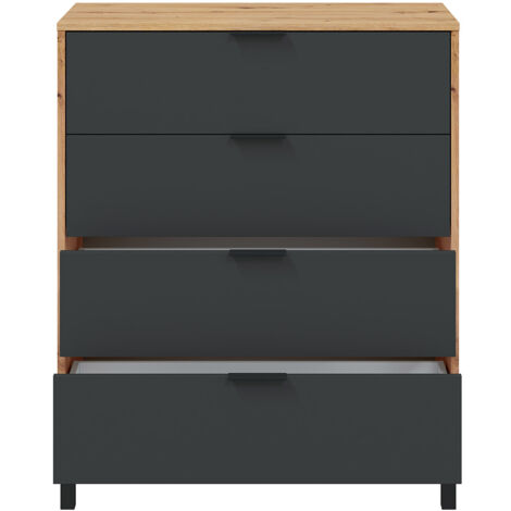Commode meuble de rangement en mélamine coloris naturel/gris anthracite - Hauteur 94 x Longueur 78 x Profondeur 40 cm - PEGANE-