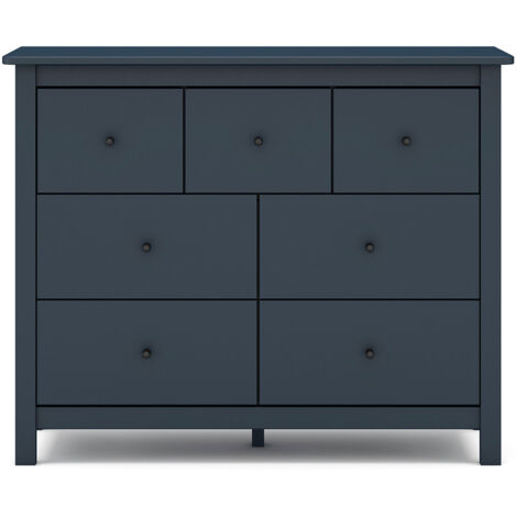 Commode, meuble de rangement en pin avec 7 tiroirs coloris bleu marine - Longueur 110 x Profondeur 40 x Hauteur 80 cm