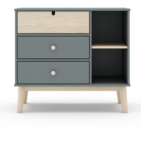 Commode, meuble de rangement en pin ciré et MDF coloris vert kaki, blanc - Longueur 90 x Profondeur 40 x Hauteur 80 cm -PEGANE-