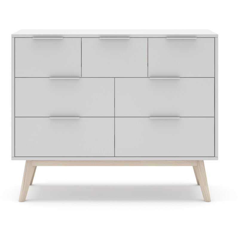 Commode, meuble de rangement en pin et mdf avec 7 tiroirs coloris blanc - Longueur 120 x Profondeur 40 x Hauteur 83 cm Pegane