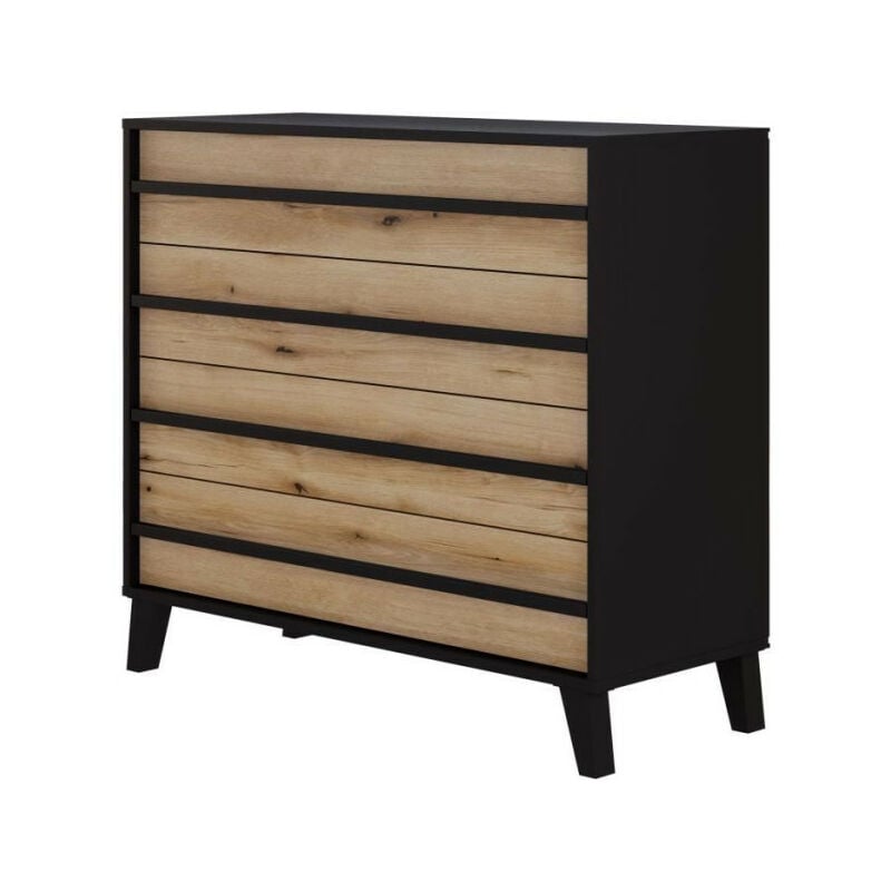 Commode heka 4 tiroirs - Décor noir et chene - L100 x P40 x H89 cm - Fabriqué en Espagne
