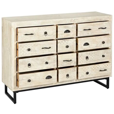 Commode meuble multi-rangements à 12 tiroirs en bois beige blanchi et motifs sculptés - longueur 127 cm x largeur 40 cm x hauteur 94 cm