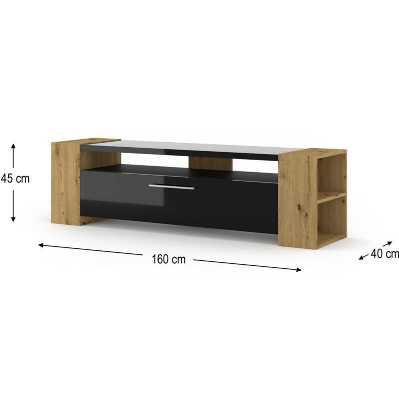 Bim Furniture - Meuble tv livia 160 cm chêne artisan / noir brillant