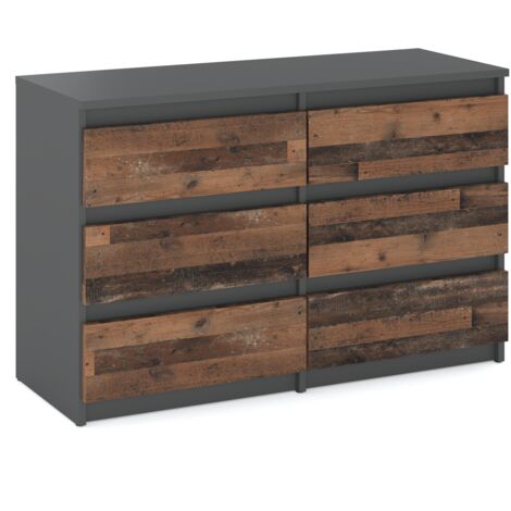Commode vintage 6 tiroirs 100 cm – Stratifié gris – Glissières à billes pour fonctionnement fluide – Meuble TV pour salon