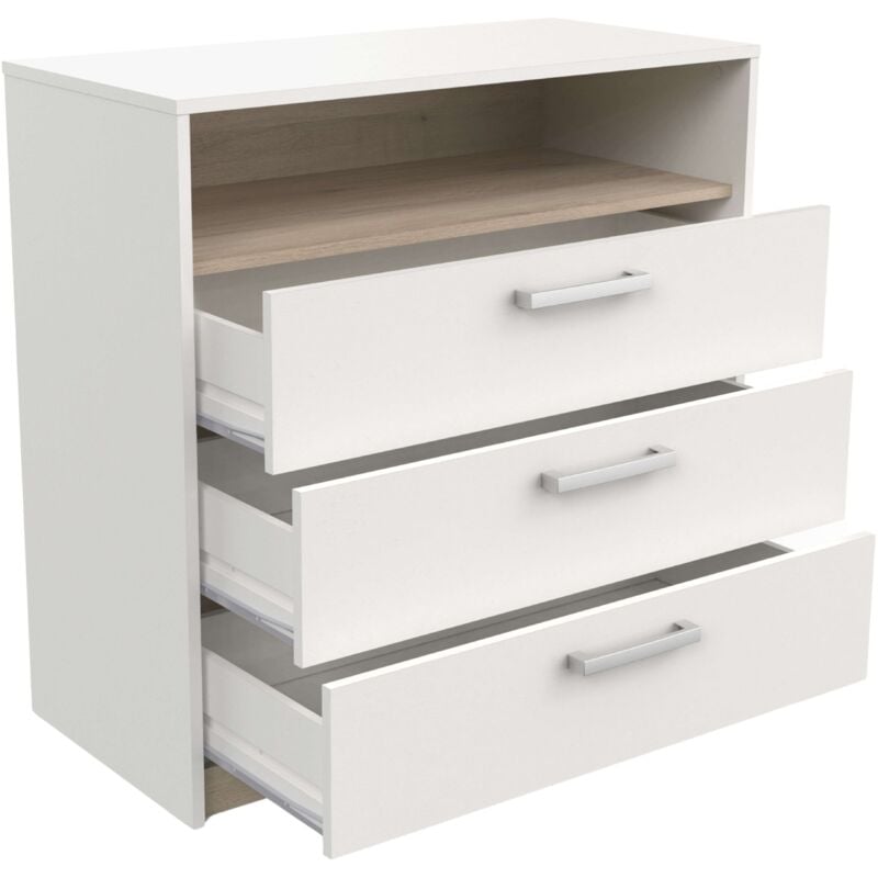 Commode Miroytengo Watson 3 tiroirs et 1 étagère en mélamine Kronberg blanc et chêne 81 cm - Mobilier Fonctionnel