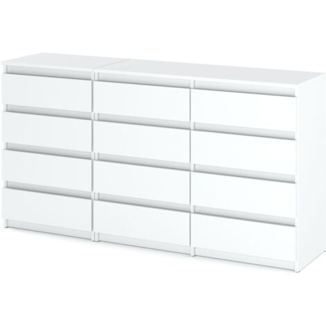 Commode moderne 12 tiroirs (8+4) – Dimensions H92cm B180cm D33cm – Panneau mélaminé blanc mat – Assemblage rapide