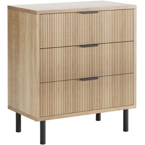 Commode moderne 3 tiroirs, façade cannelée ondulée, meuble d'Entrée 70x40x76 cm, pieds métalliques, système anti-basculement - bois